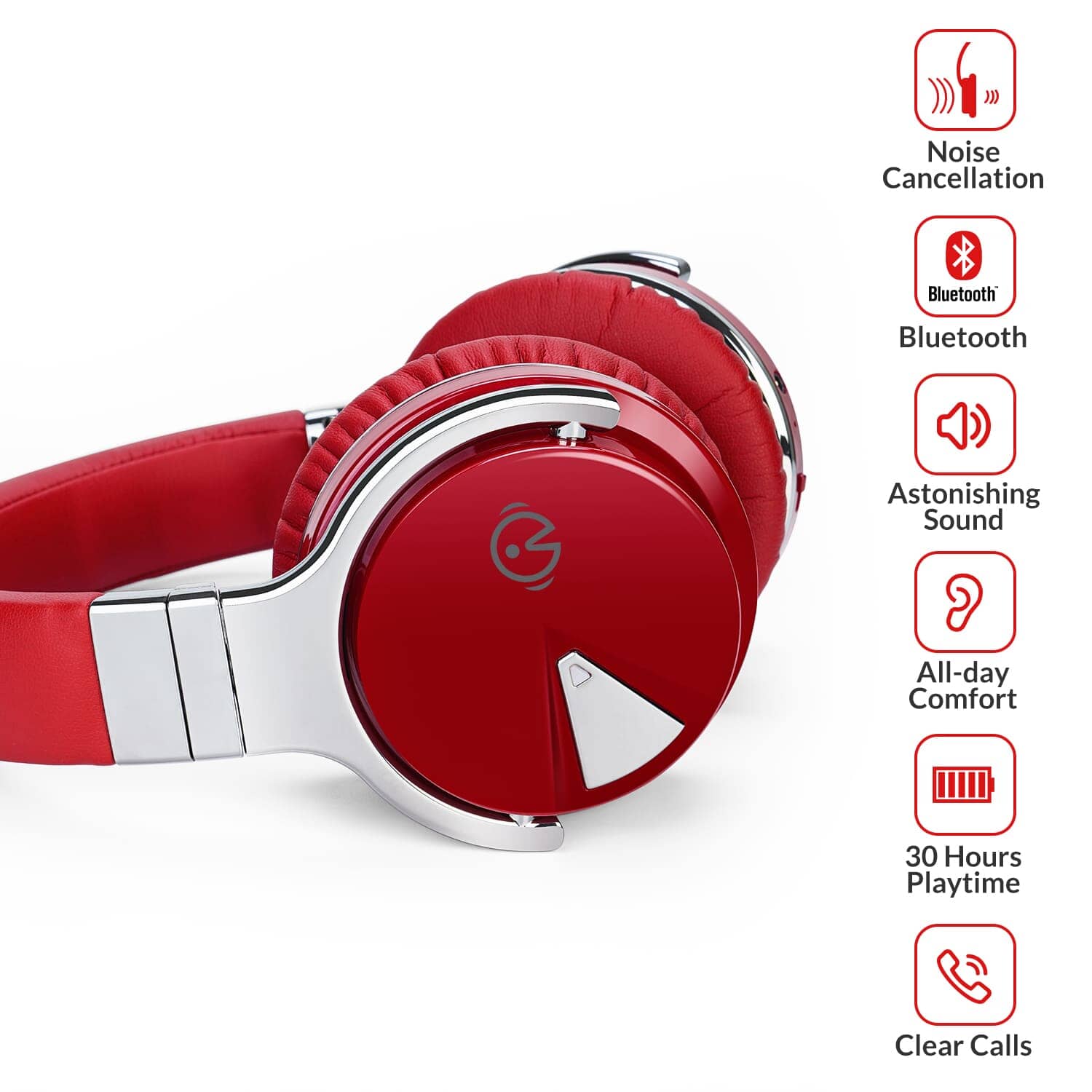 E7 Active Noise Cancelling Wireless Bluetooth Over-ear Headphones,Red Headphone Cowinaudio