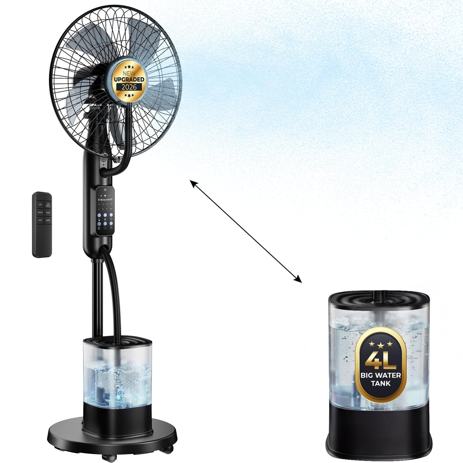 Pedestal Misting Fan, Mister Cooling Fan with 4L Large Water Tank, 5 Speeds 3 Modes Misting Standing Fan, Floor Fan with Remote for Home Bedroom Patio Outdoor Cowinaudio 