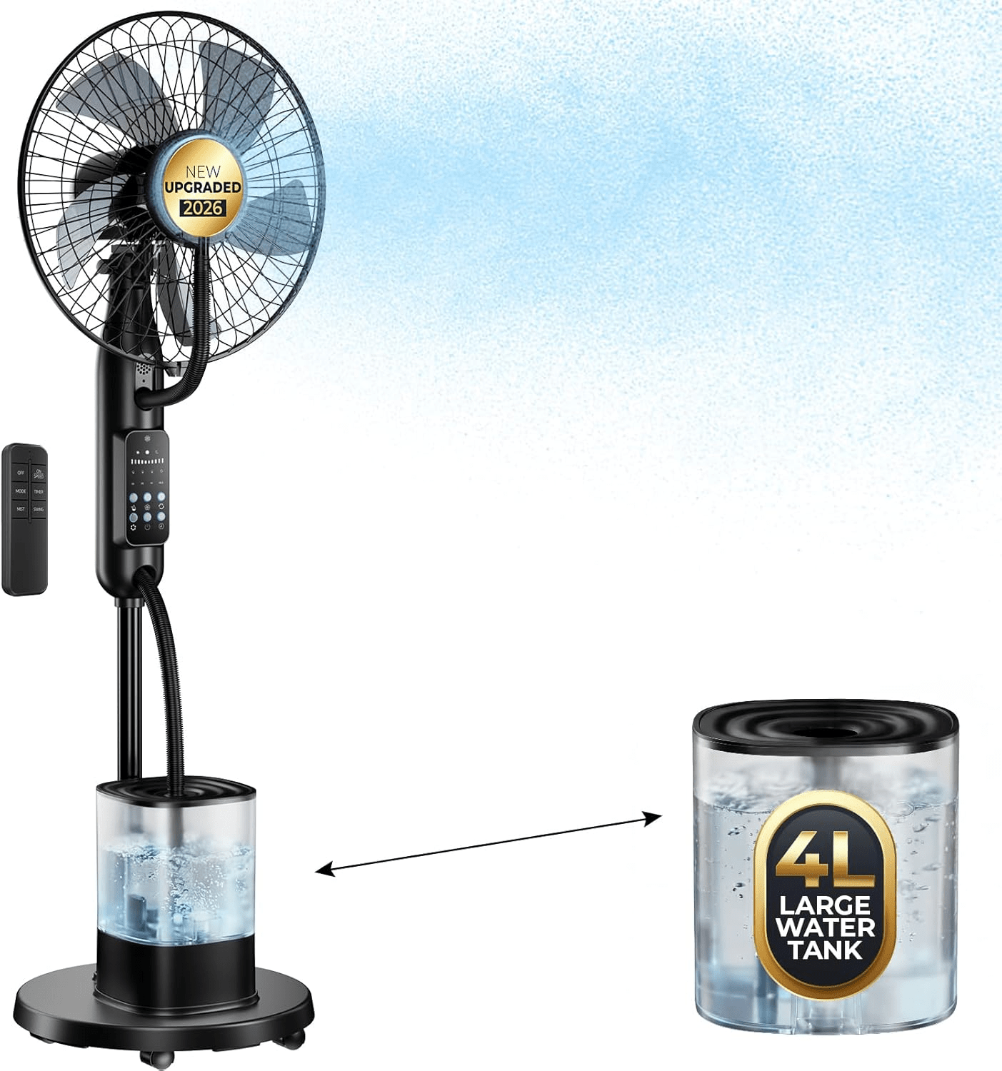 Standventilator mit Wasserkühlung, 2026 Upgrade 4L Wassertank Sprühnebel Ventilator, 7,5H Timer, 5 Geschw&3 Modi, Bodenventilator mit Fernbedienung,für Zuhause, Schlafzimmer, Büro, Terrasse Cowinaudio 