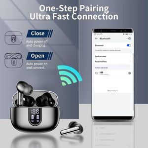 Wireless Earbuds Bluetooth Headphones, with LED Display Charging Case, Waterproof In-Ear Earphones with Mic for iPhone /Android /PC /Laptop, Black Cowinaudio 